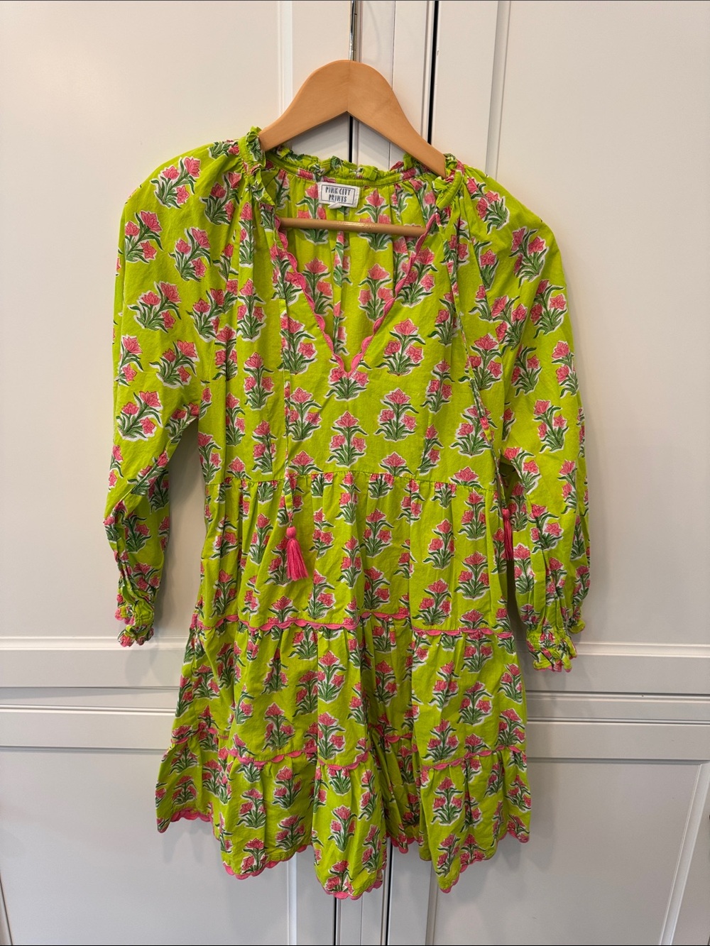 Lime Green Floral Mini Dress with Pink Accents see example pic